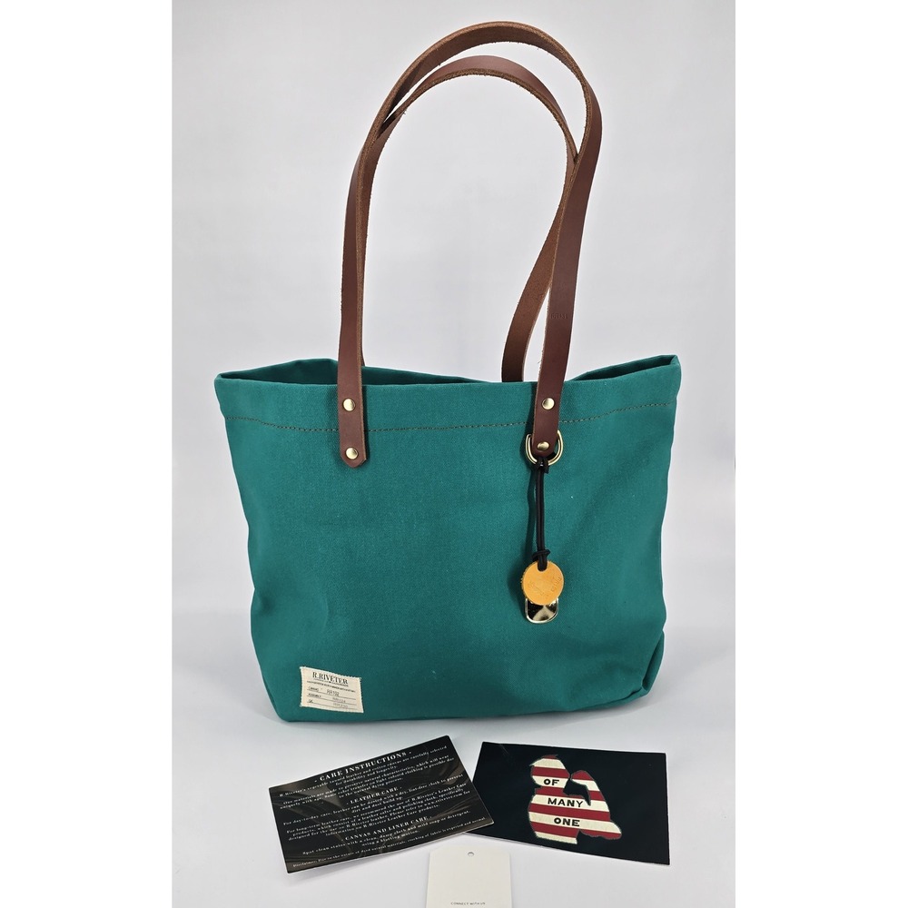 R Riveter Tote Bag Teal Green Canvas Leather Straps Handmade USA 2020 Large